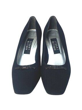 Stuart Weitzman Black Crystal Embellished Block Heel Square Toe Pumps Size 7.5B